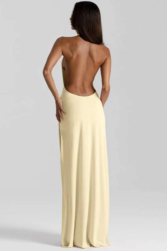 Solid Halter Deep V Backless Slit Floor Maxi Dress - Image 5