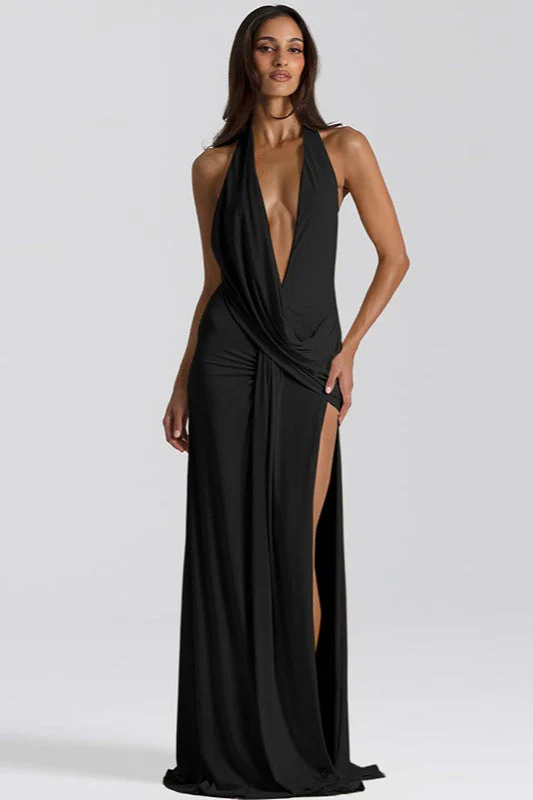 Solid Halter Deep V Backless Slit Floor Maxi Dress - Image 9