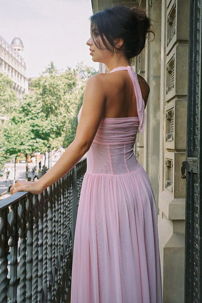 Solid Halter V Neck Boning Waist Mesh Maxi Dress - Image 5