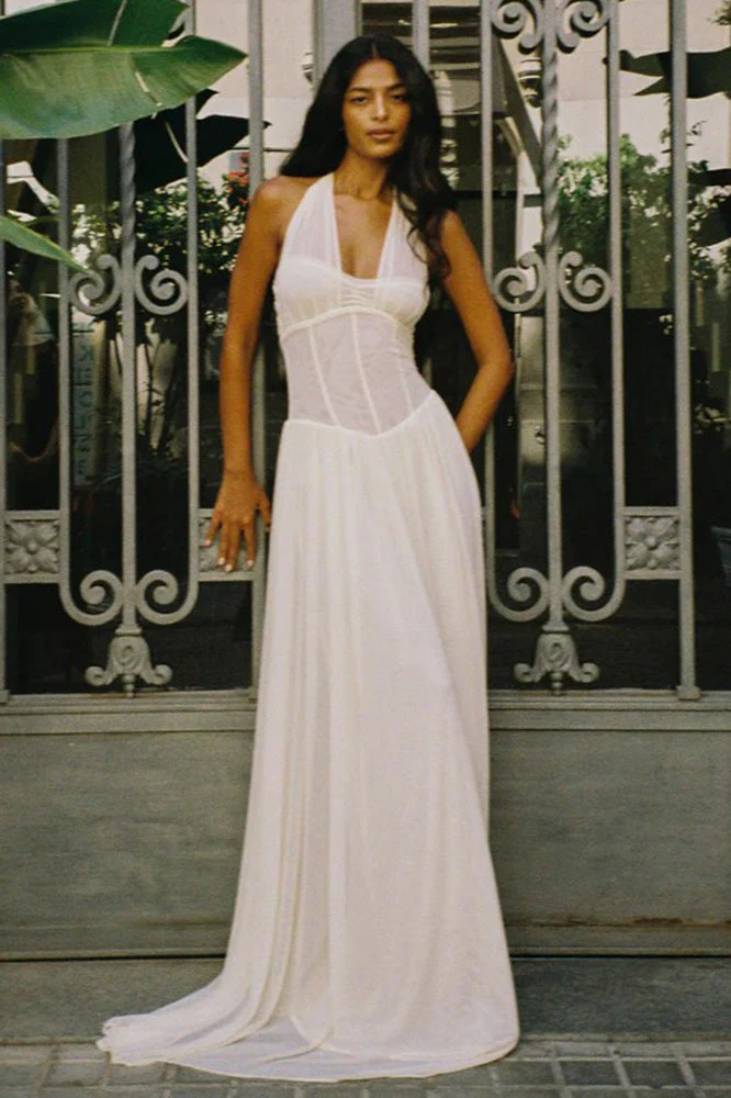 Solid Halter V Neck Boning Waist Mesh Maxi Dress - Image 8