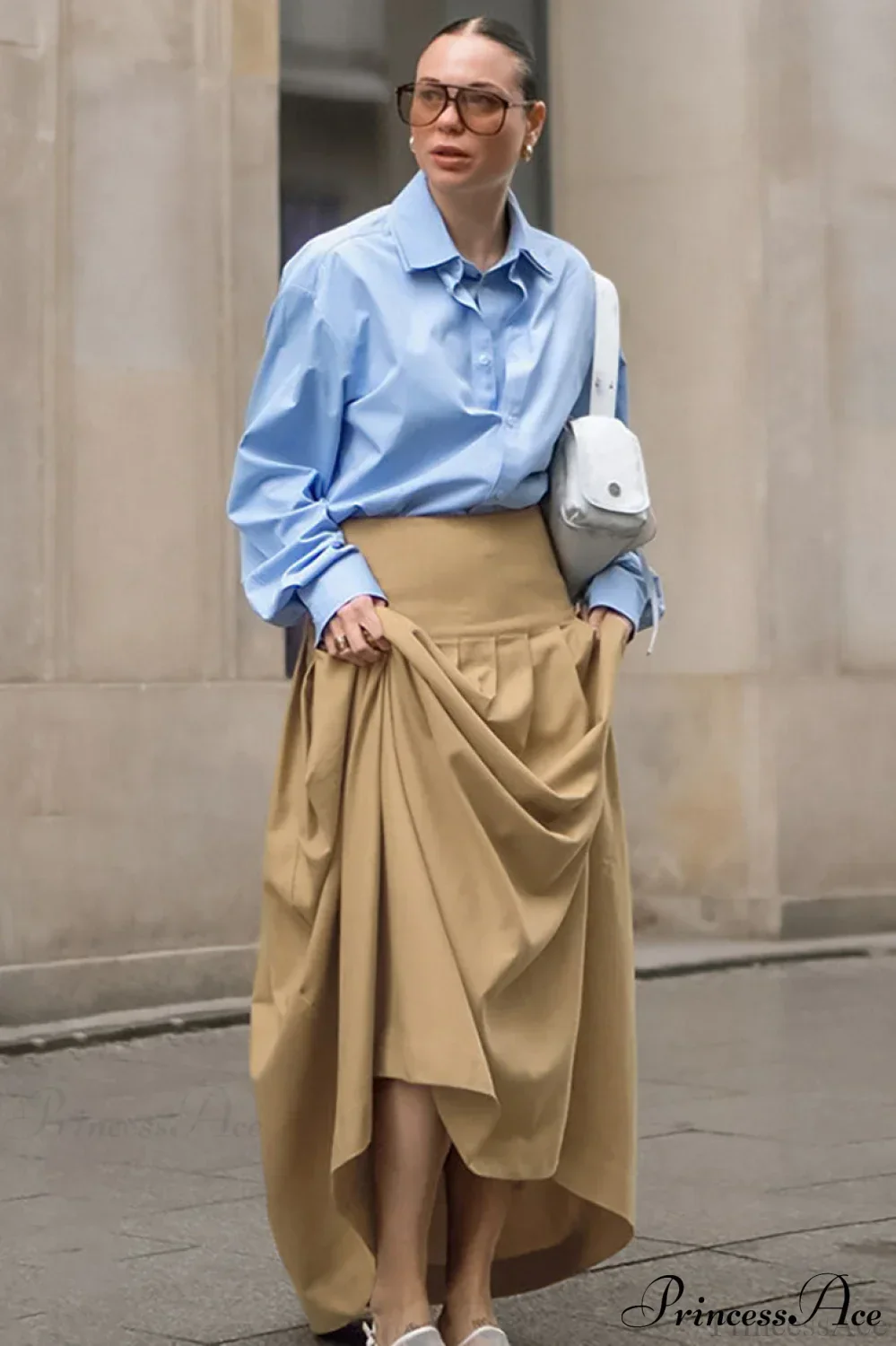 Solid High Waist Pleated Maxi Skirt - Image 3