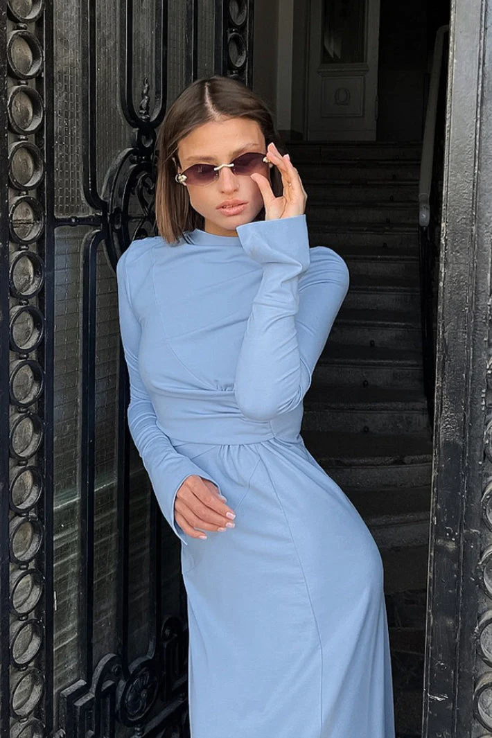 Solid High Waist Shirred Fitted Minimalist Elegant Maxi Dress - Image 2