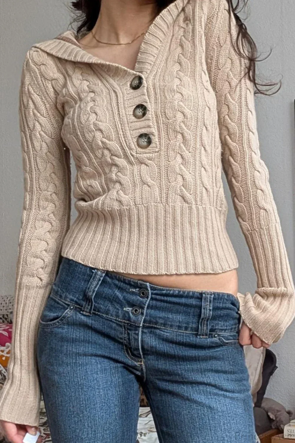 Solid Hooded Button Cropped Slim Sweater - Image 2