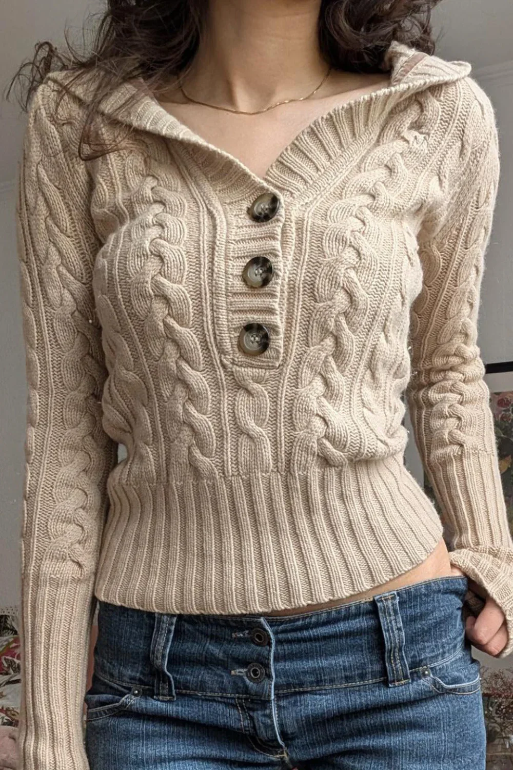 Solid Hooded Button Cropped Slim Sweater - Image 3