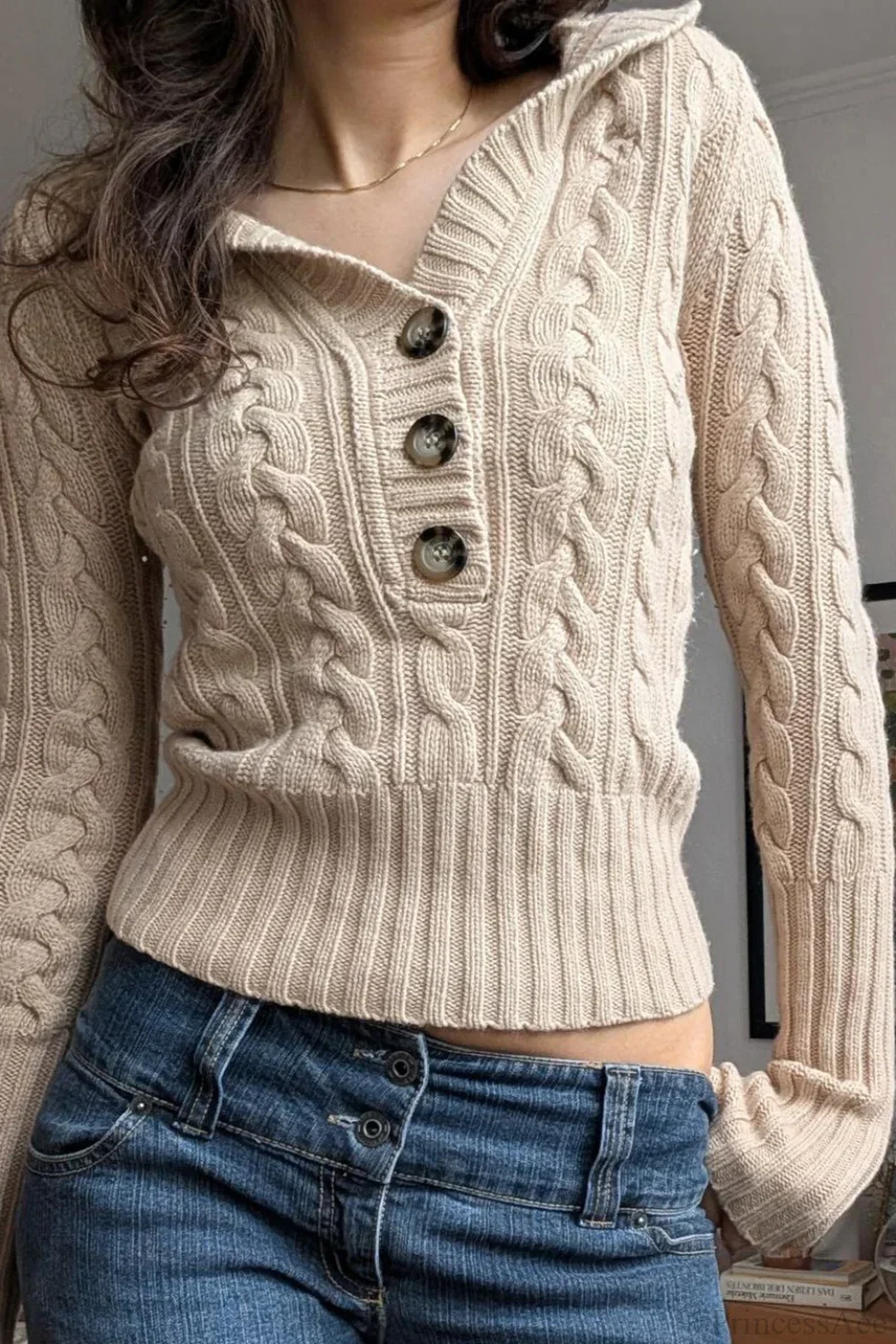 Vintage Solid Hooded Cropped Waist Button Long Sleeve Sweater - Image 3