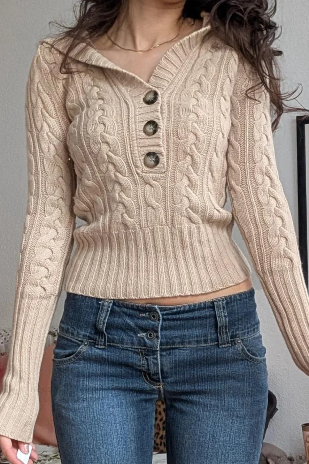 Vintage Solid Hooded Cropped Waist Button Long Sleeve Sweater - Image 4