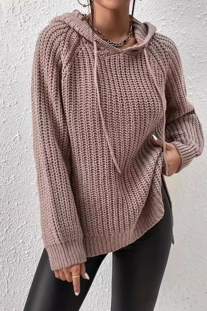 Solid Hooded Oversized Side Slit Sweater - Image 2
