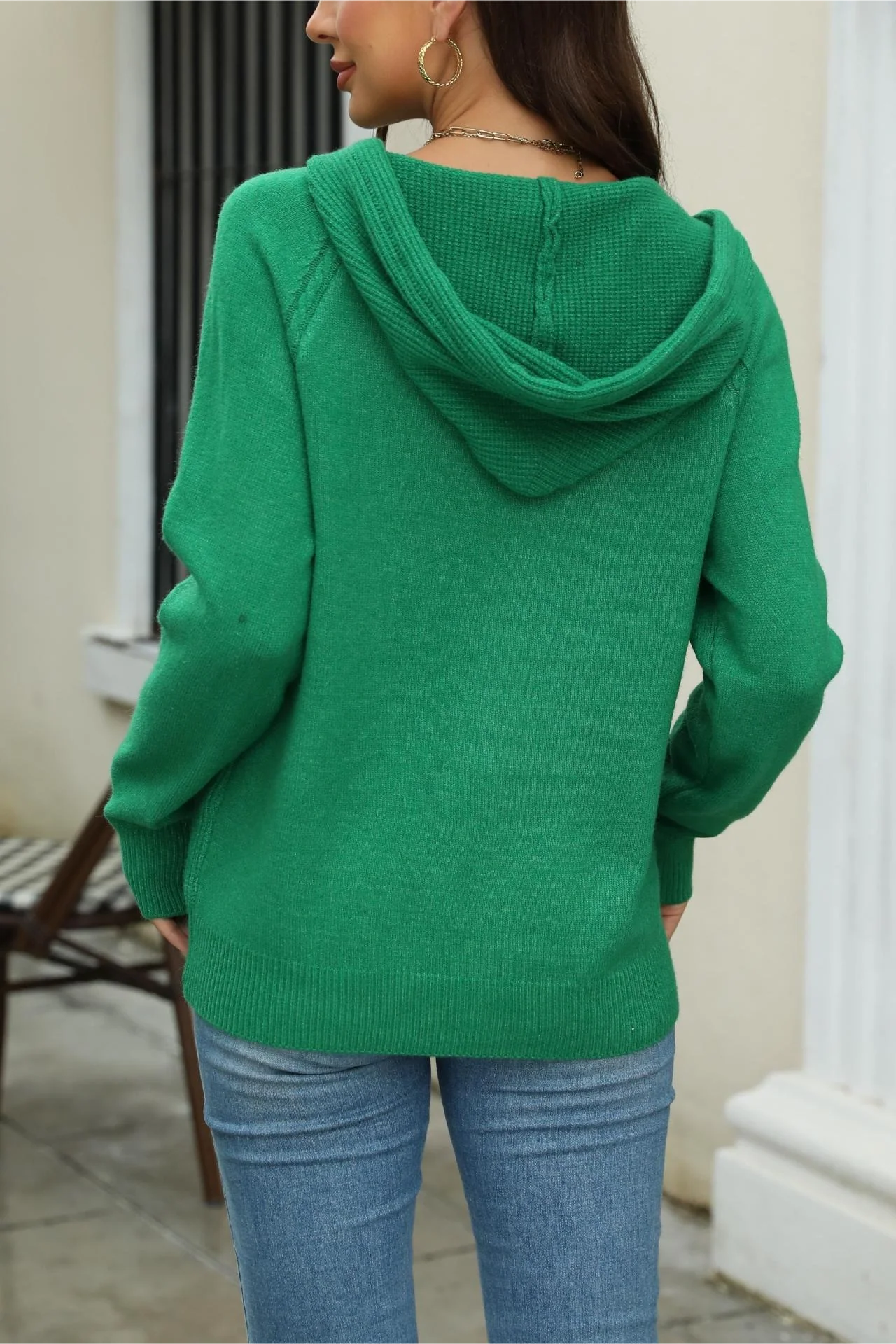 Solid Hooded Zip Drawstring Knit Cardigan Coat - Image 4