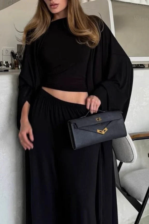 Solid Knit Flowly Long Sleeve Robe Three Piece Set - Image 12