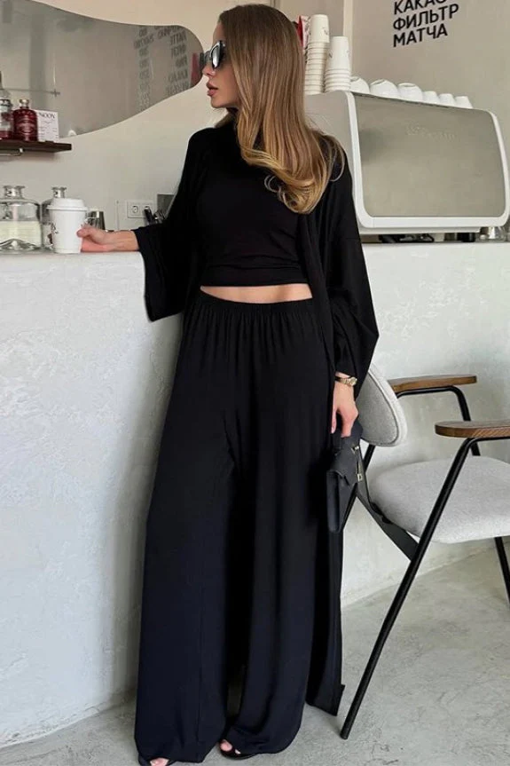 Solid Knit Flowly Long Sleeve Robe Three Piece Set - Image 13