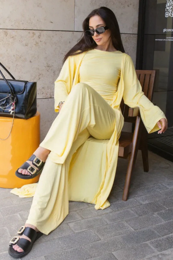 Solid Knit Flowly Long Sleeve Robe Three Piece Set - Image 3