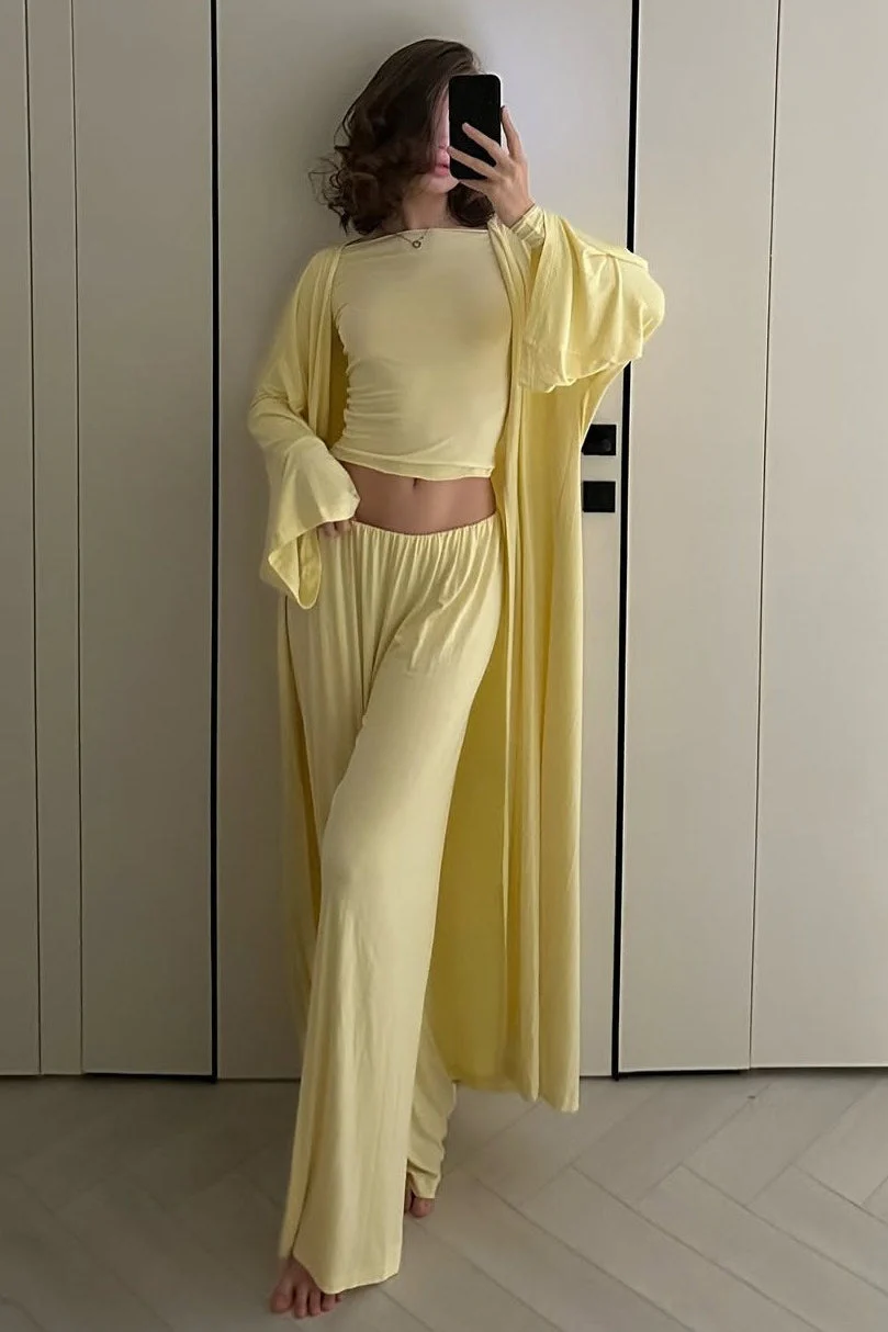 Solid Knit Flowly Long Sleeve Robe Three Piece Set - Image 5