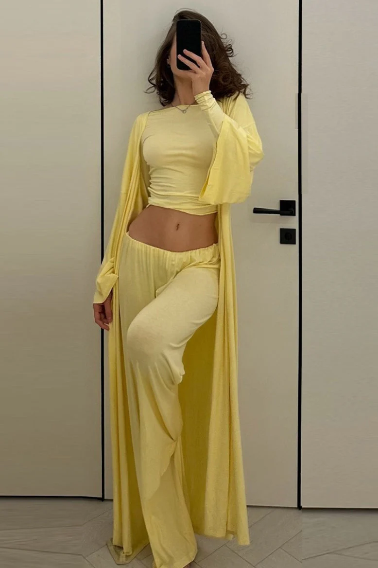 Solid Knit Flowly Long Sleeve Robe Three Piece Set - Image 6