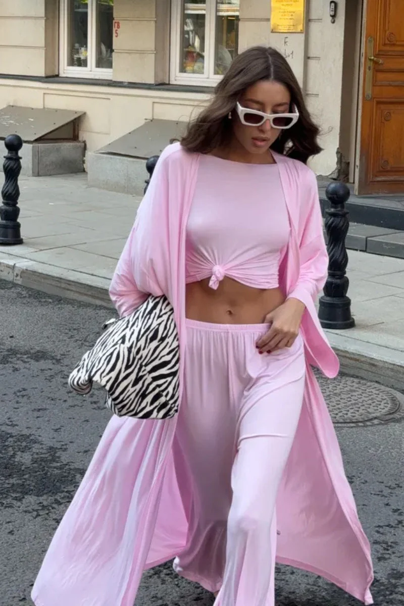 Solid Knit Flowly Long Sleeve Robe Three Piece Set - Image 7