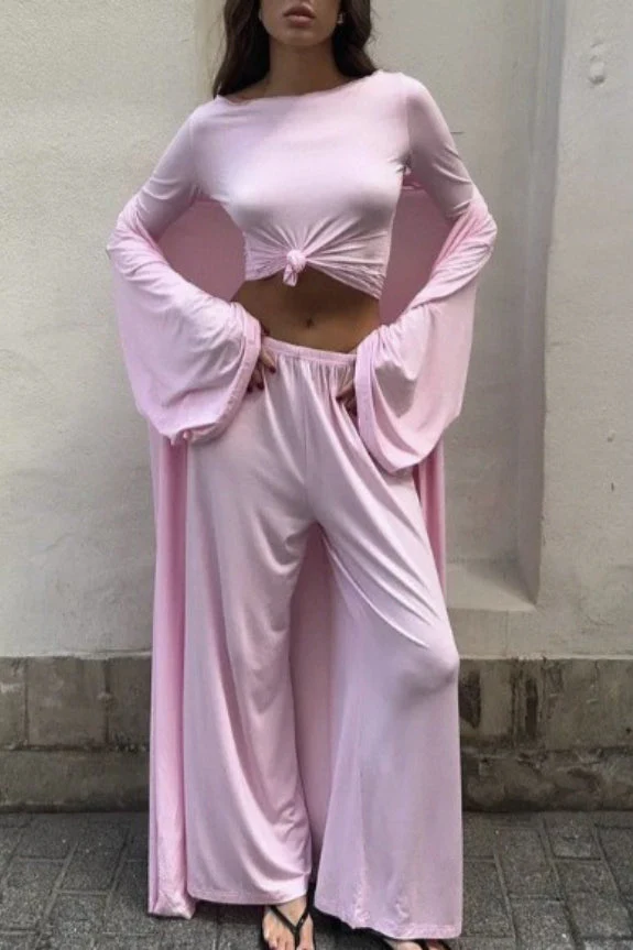 Solid Knit Flowly Long Sleeve Robe Three Piece Set - Image 8