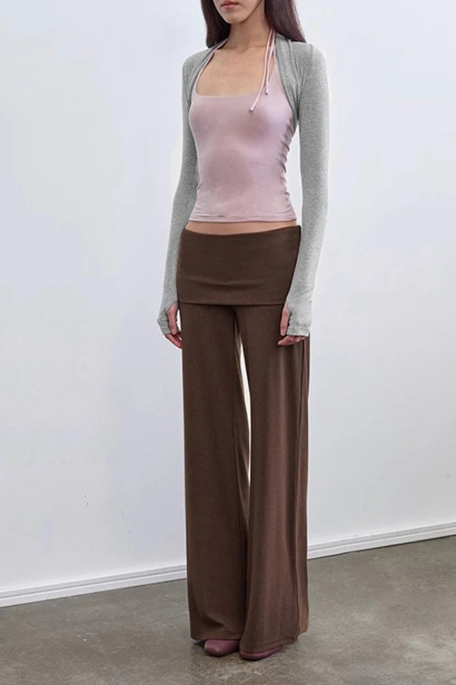 Solid Knit Foldover Waist Flowy Pants - Image 2