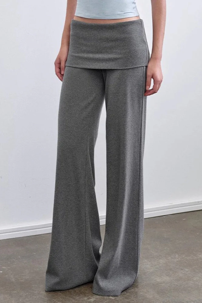 Solid Knit Foldover Waist Flowy Pants - Image 3