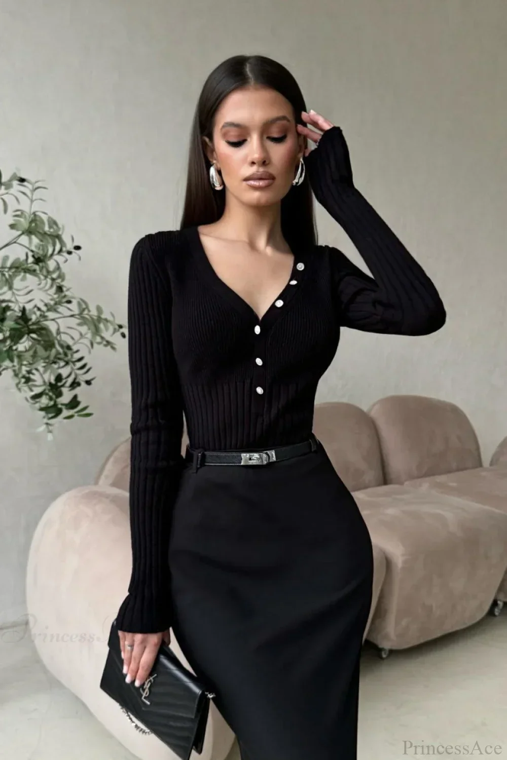 solid Knit Half Placket Slim Long Sleeve Tee - Image 11