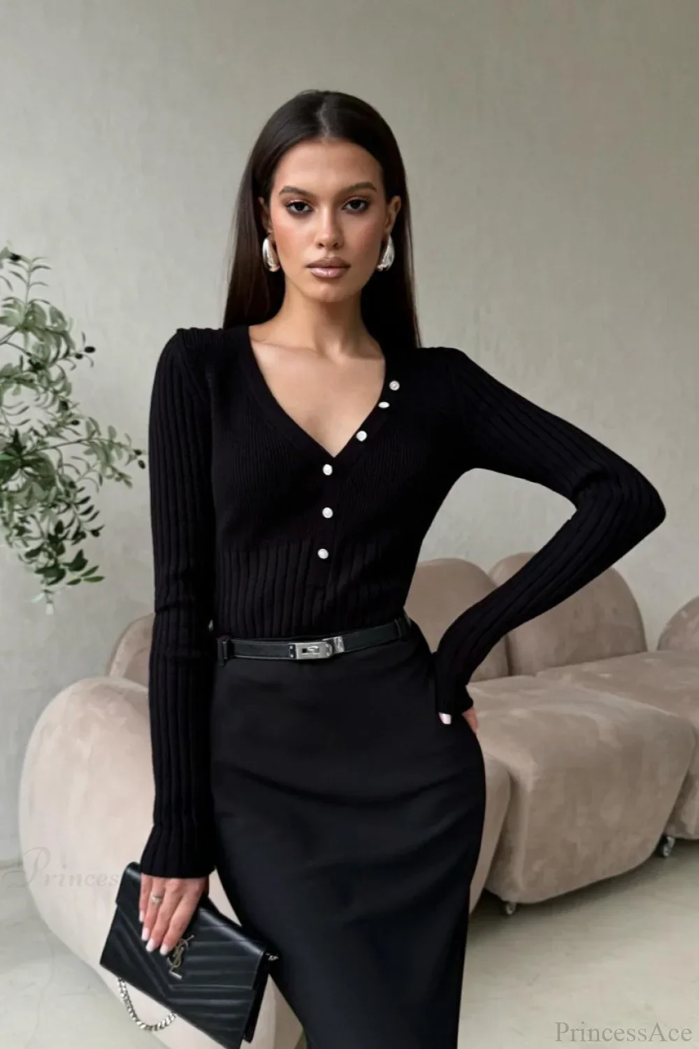 solid Knit Half Placket Slim Long Sleeve Tee - Image 13