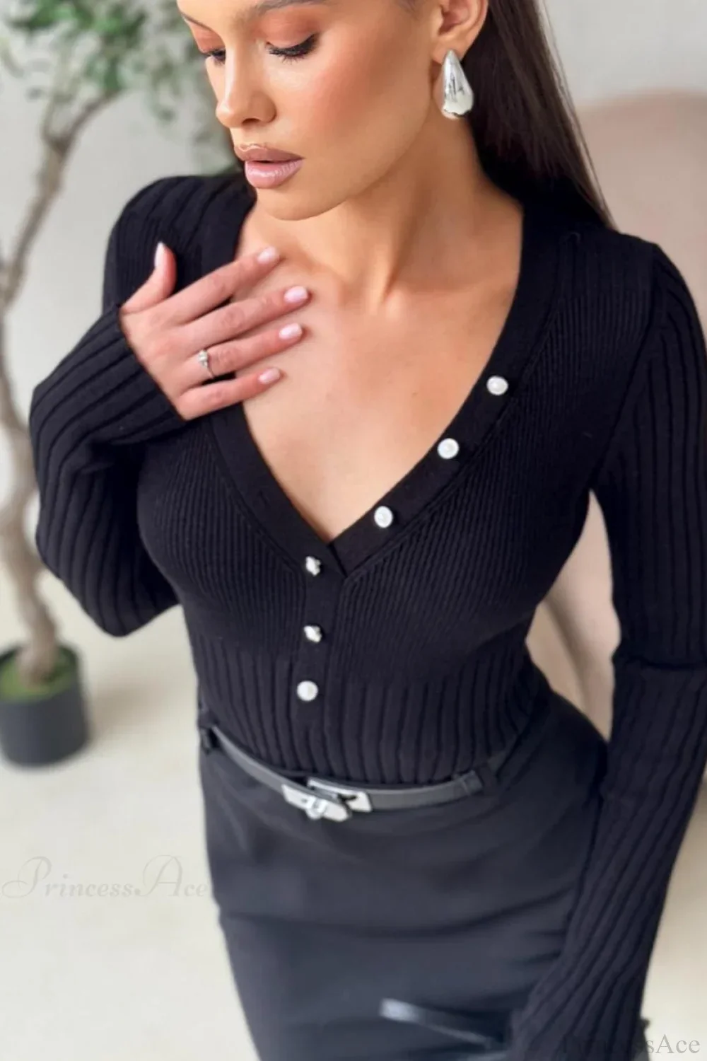 solid Knit Half Placket Slim Long Sleeve Tee - Image 14