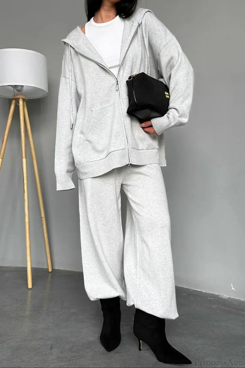 Solid Knit hooded Straight-Leg Two Piece Set - Image 3