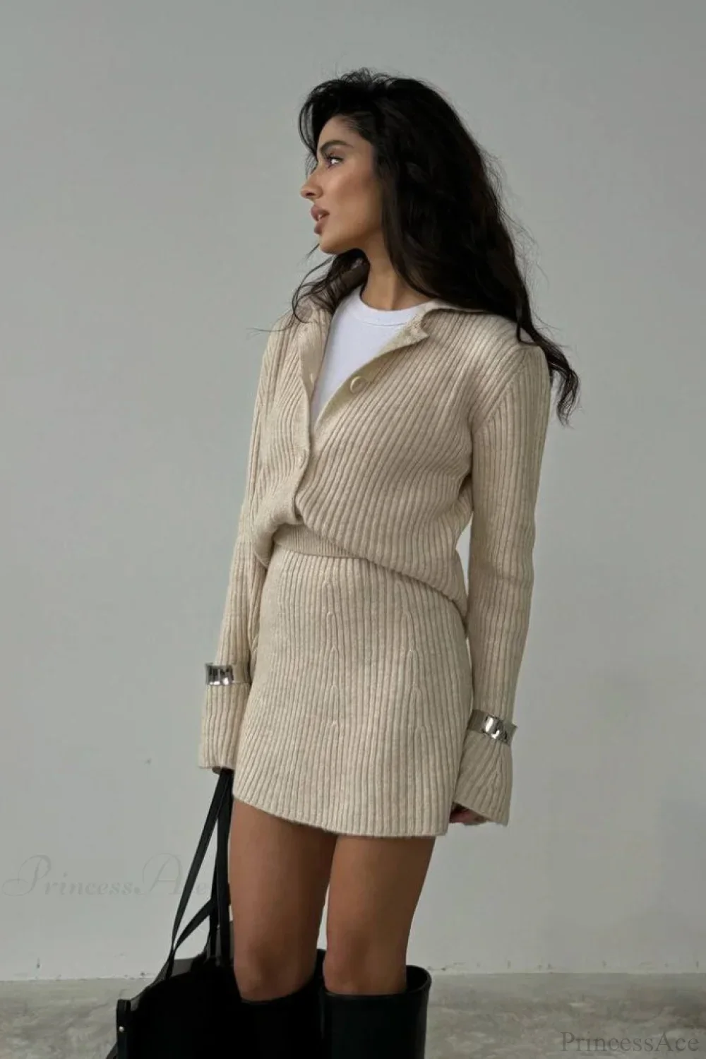 Solid Knit Minimalist Bodycon Cardigan Two Piece Set - Image 6