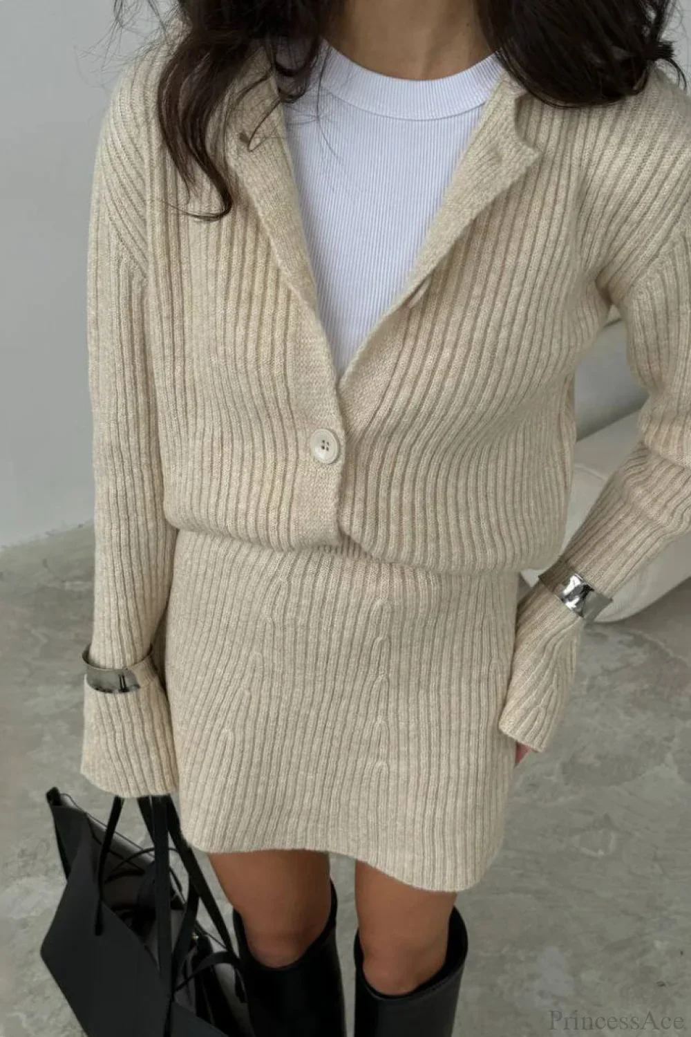 Solid Knit Minimalist Bodycon Cardigan Two Piece Set - Image 7