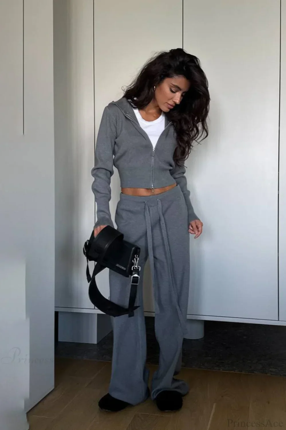 Solid Knit Short Zip Jacket Relaxed Pants Two Piece Set - Image 2