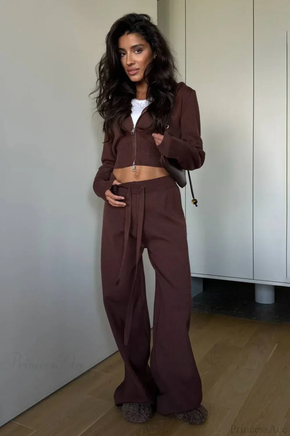 Solid Knit Short Zip Jacket Relaxed Pants Two Piece Set - Image 3