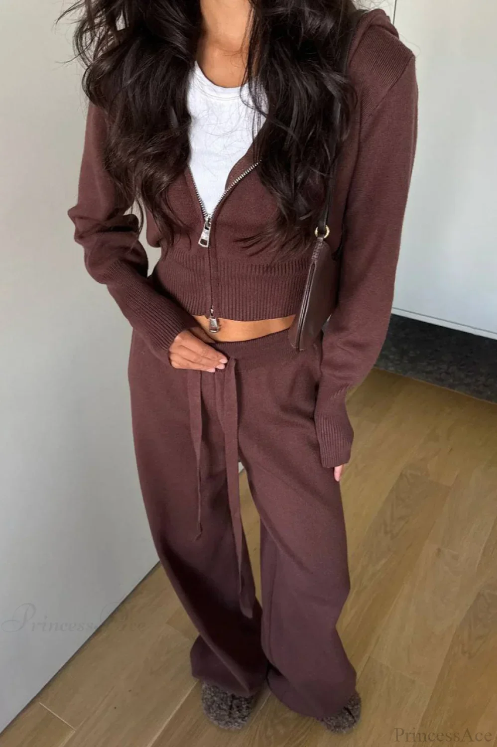 Solid Knit Short Zip Jacket Relaxed Pants Two Piece Set - Image 4