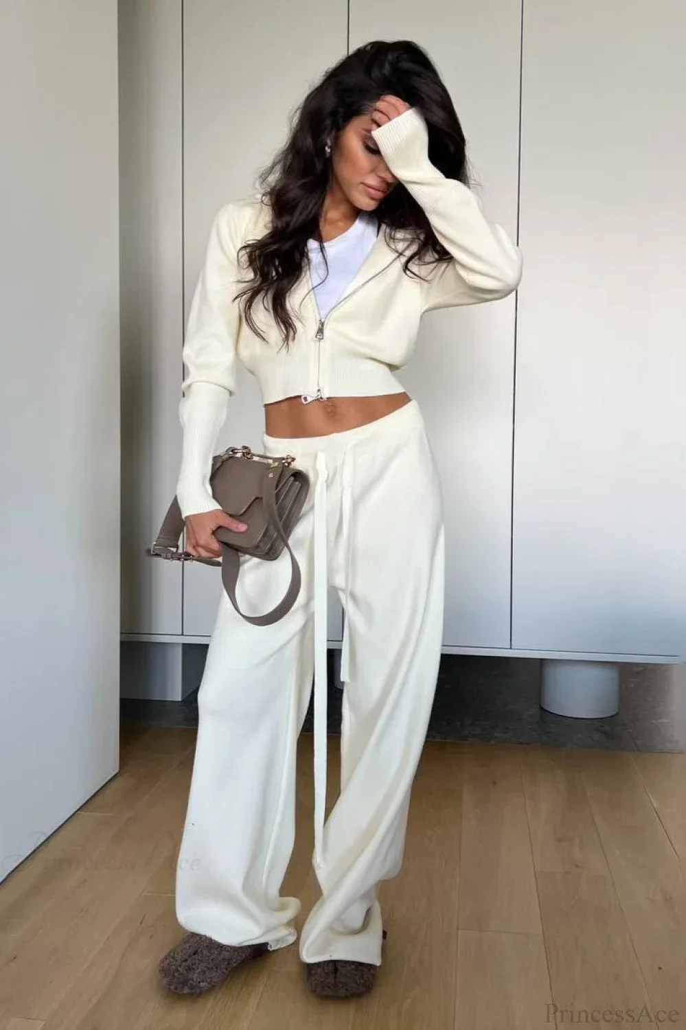 Solid Knit Short Zip Jacket Relaxed Pants Two Piece Set - Image 5