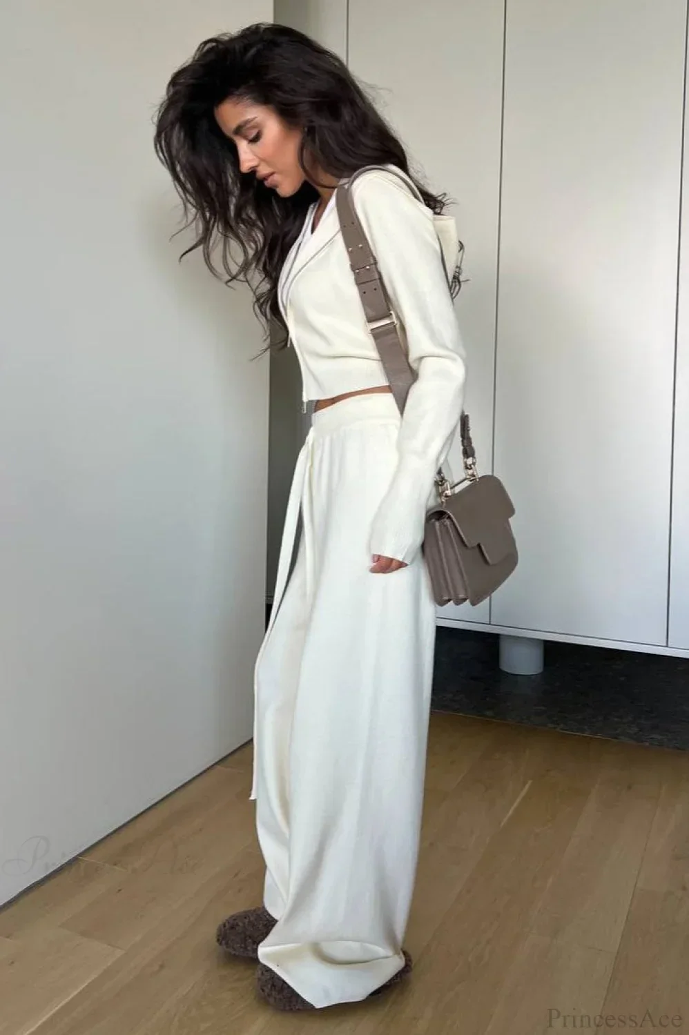 Solid Knit Short Zip Jacket Relaxed Pants Two Piece Set - Image 6
