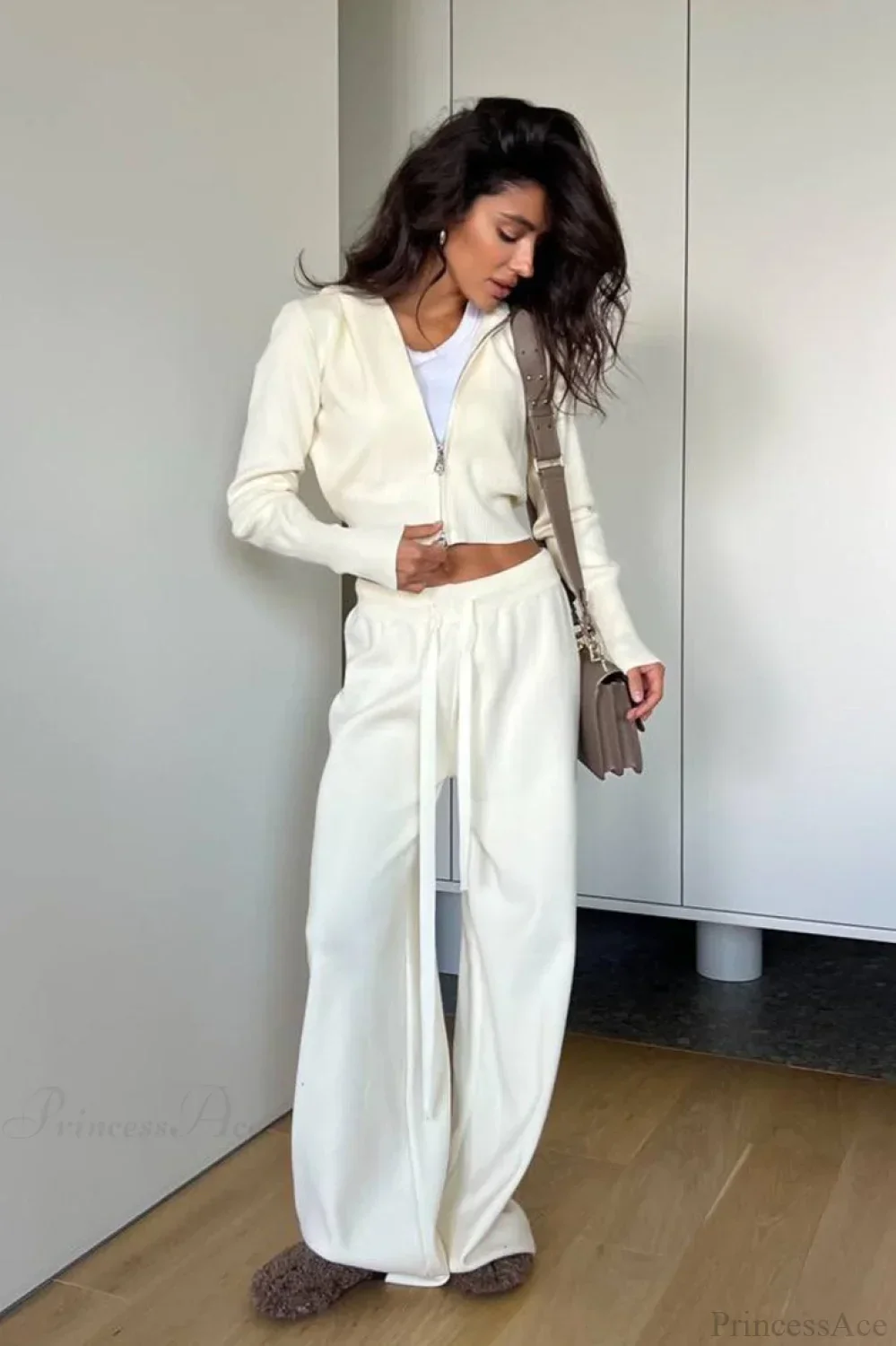 Solid Knit Short Zip Jacket Relaxed Pants Two Piece Set - Image 7