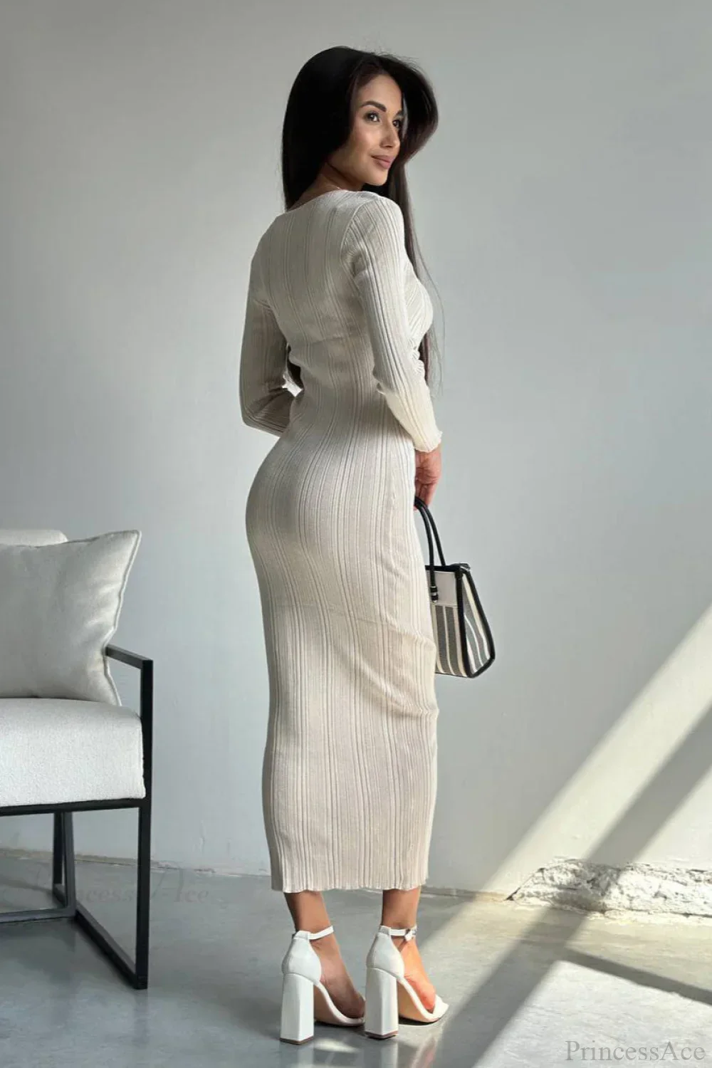 Solid Knit Waisted Long Sleeve Maxi Dress - Image 2