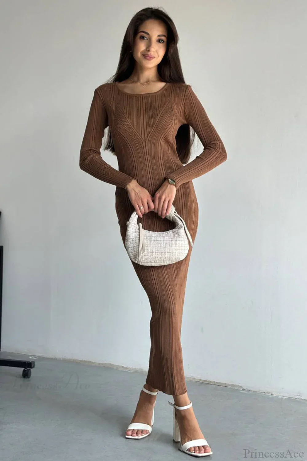 Solid Knit Waisted Long Sleeve Maxi Dress - Image 4