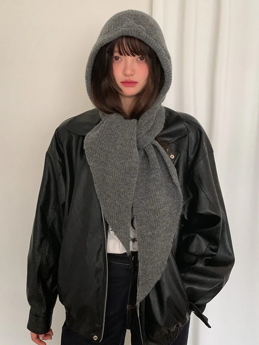 Solid Knitted Hooded Scarf - Image 2