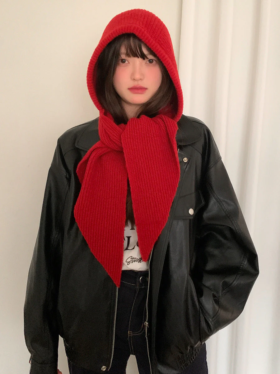 Solid Knitted Hooded Scarf - Image 3