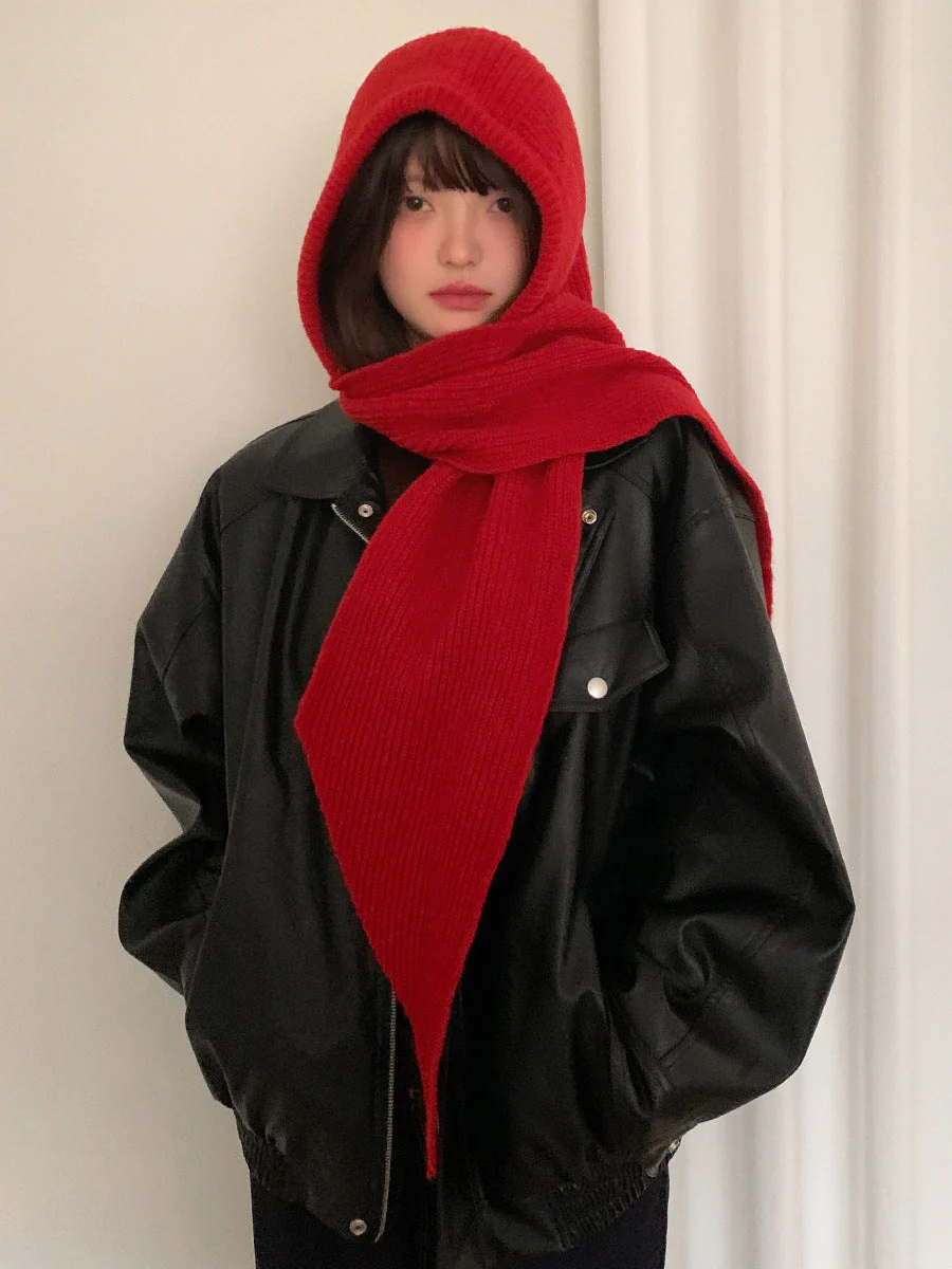 Solid Knitted Hooded Scarf - Image 4