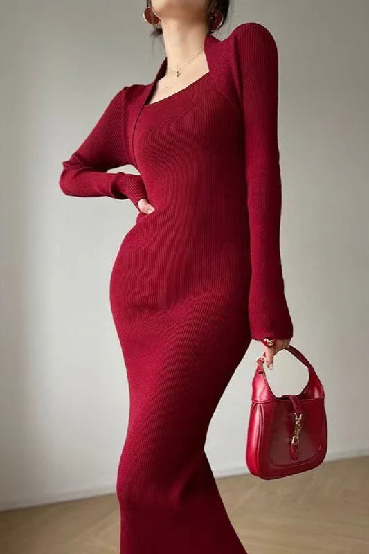 Solid Knitted Square Neck Slim Maxi Dress - Image 2