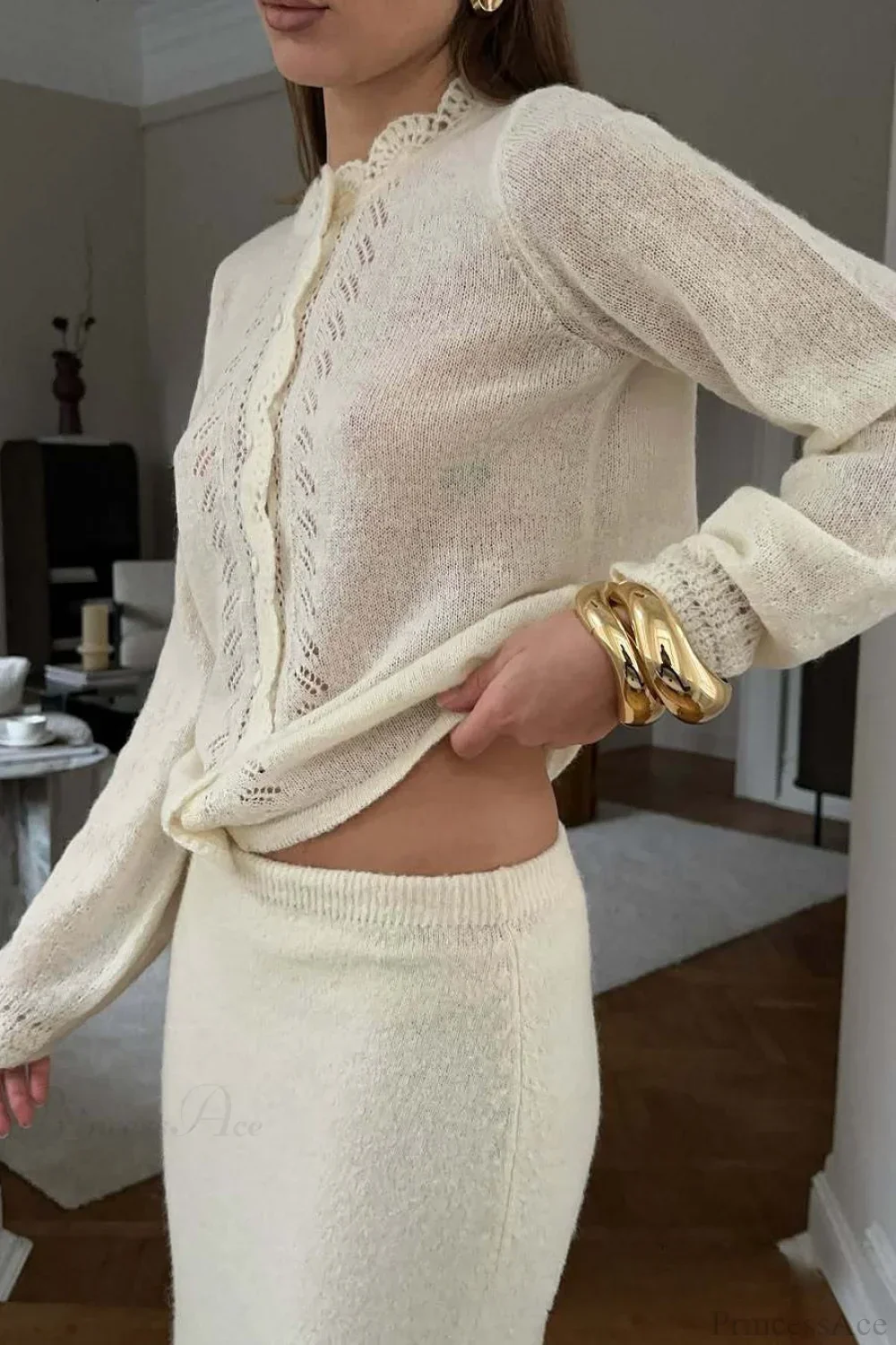 Solid Lace Cutout Knit Crew Neck Cardigan - Image 2