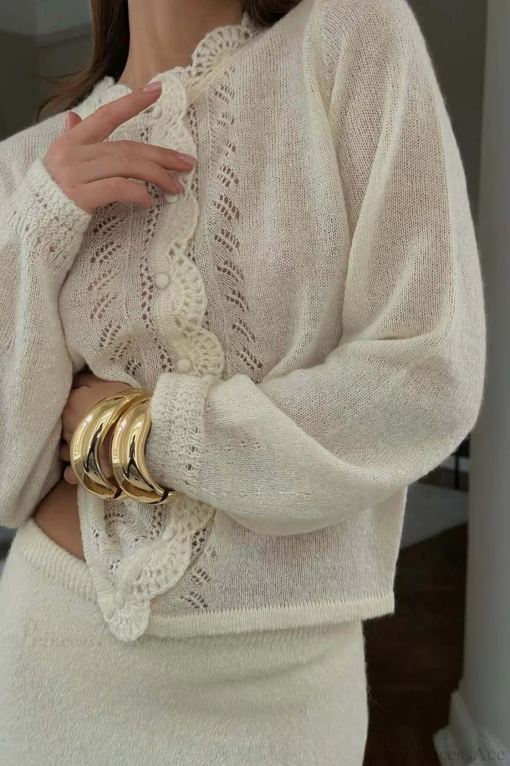Solid Lace Cutout Knit Crew Neck Cardigan - Image 3
