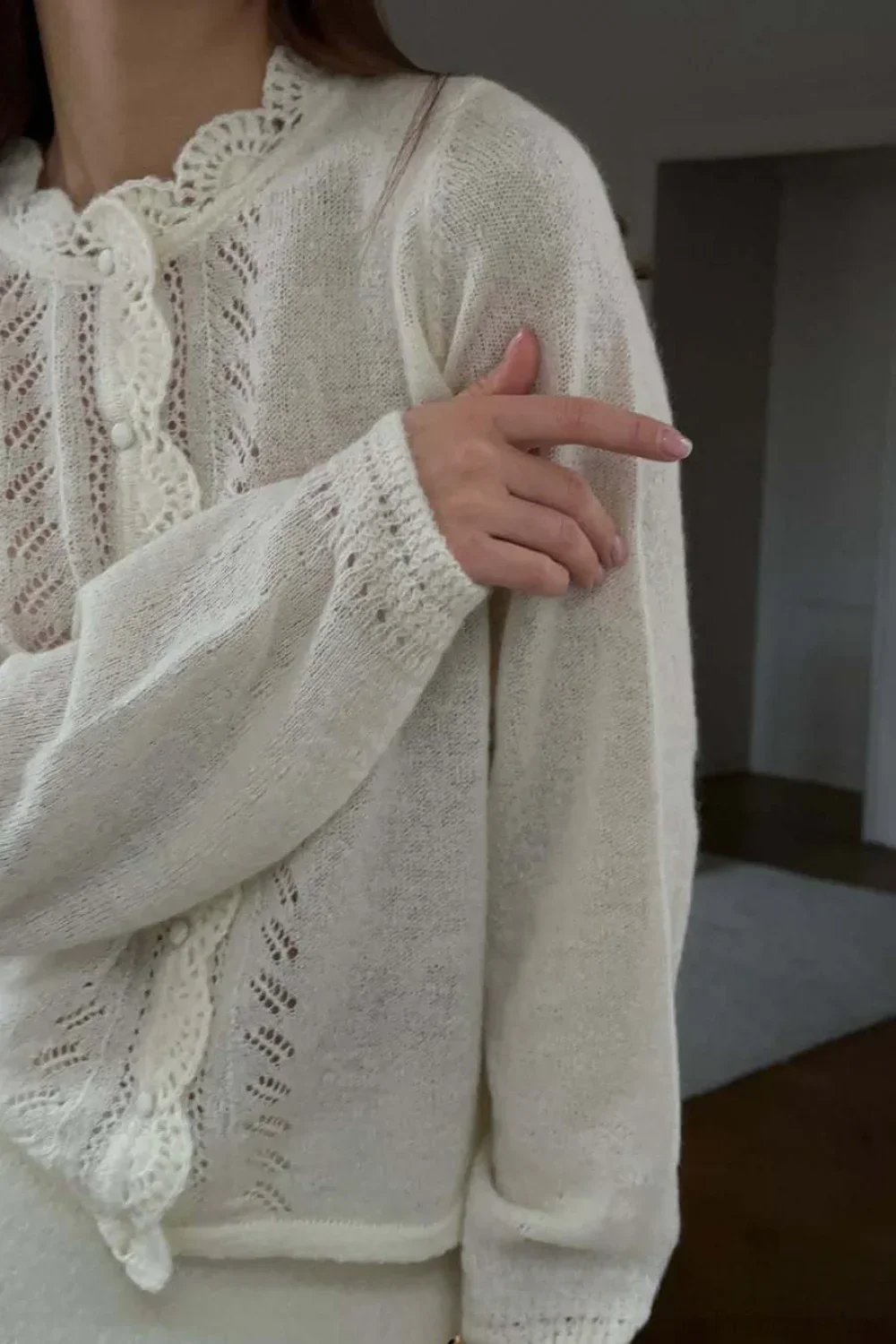 Solid Lace Cutout Knit Crew Neck Cardigan - Image 4