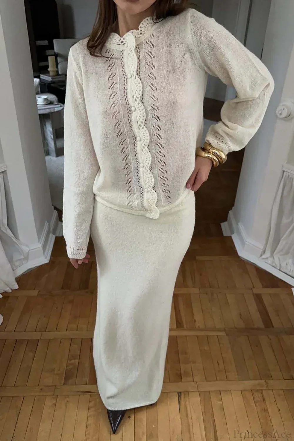 Solid Lace Cutout Knit Crew Neck Cardigan - Image 5