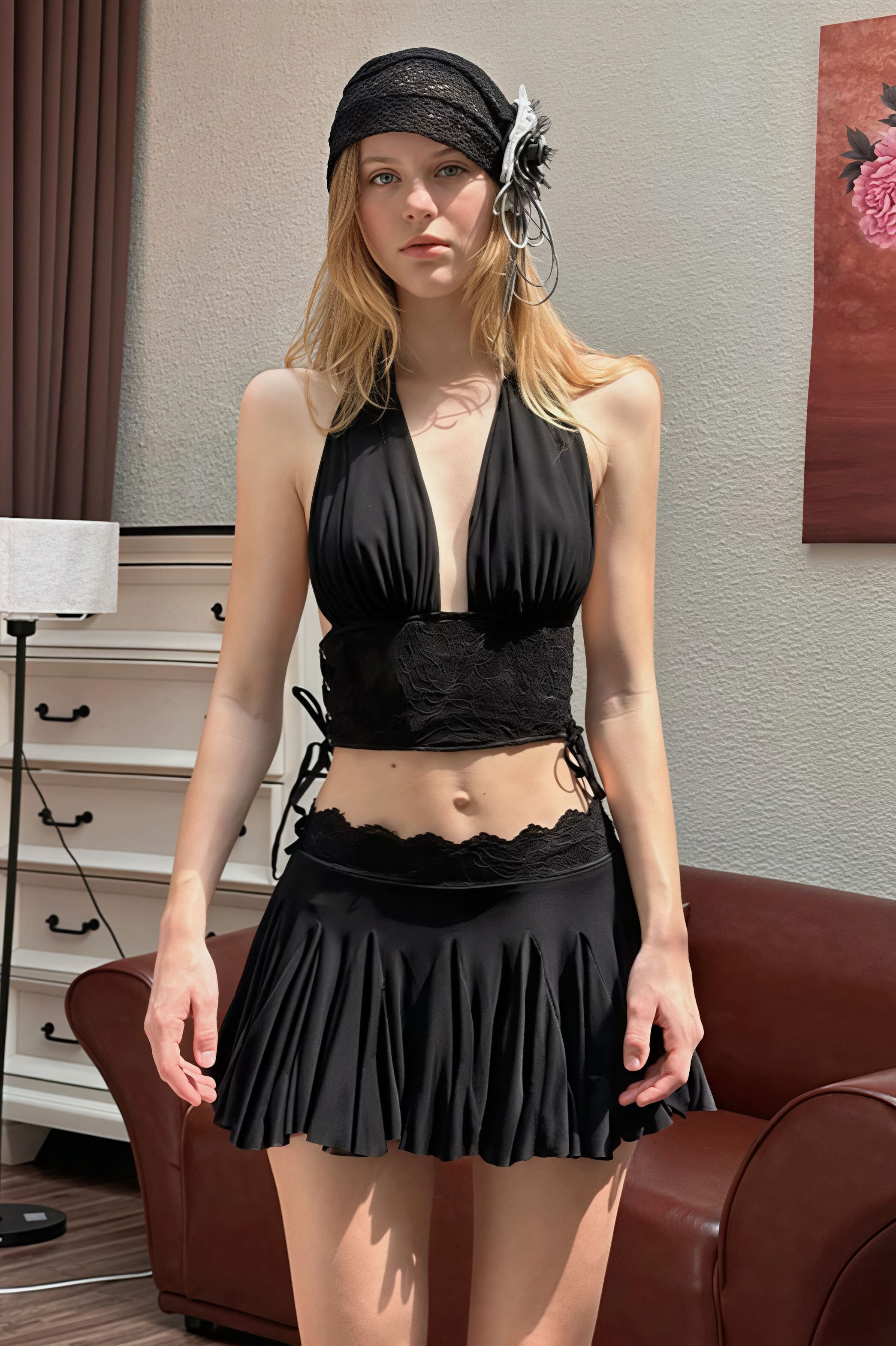 Solid Lace Deep V Slim Halter Skirt Set - Image 2