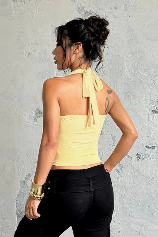 Solid Lace Trim Patchwork Deep V Halter Top - Image 5