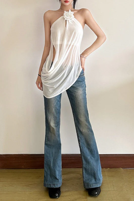 Solid Loose Flowy Halter Backless Blouse - Image 4