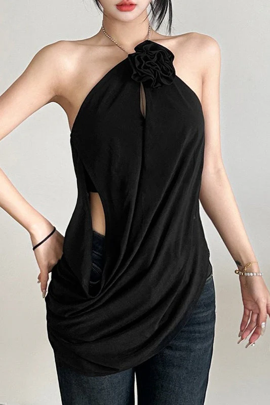 Solid Loose Flowy Halter Backless Blouse - Image 5