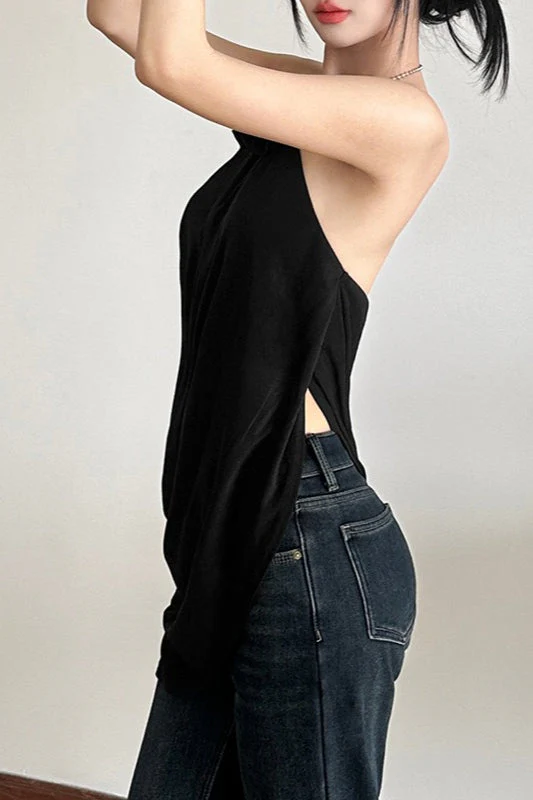 Solid Loose Flowy Halter Backless Blouse - Image 7