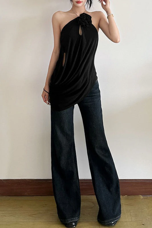 Solid Loose Flowy Halter Backless Blouse - Image 9