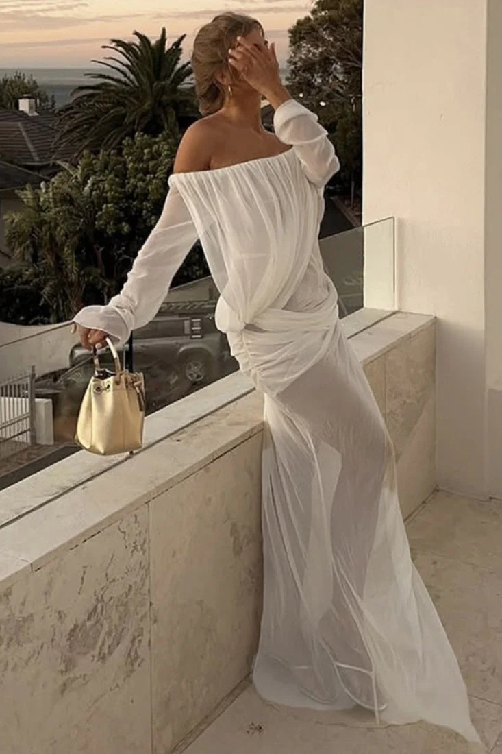 Solid Mesh Sheer Off Shoulder Ruched Elegant Maxi Dress - Image 10